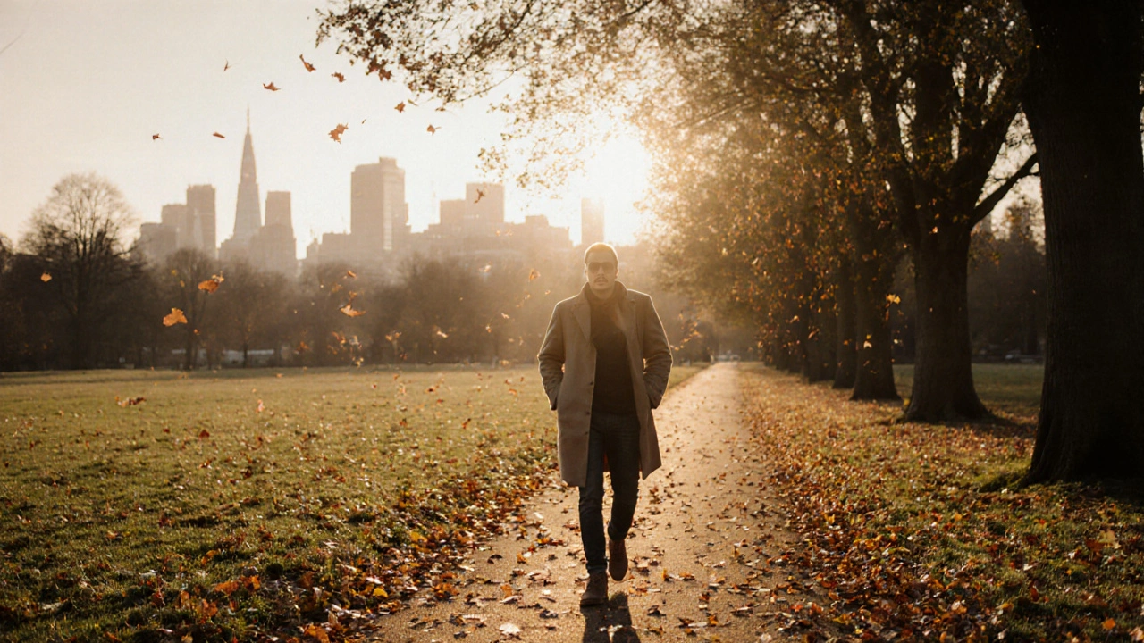 A person walking alone in Richmond Park at sunset, surrounded by falling autumn leaves.
