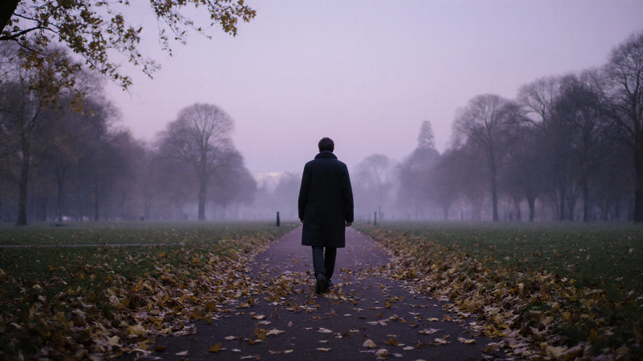 A person walking alone through Hyde Park at dusk, autumn leaves falling around them under a soft twilight sky.
