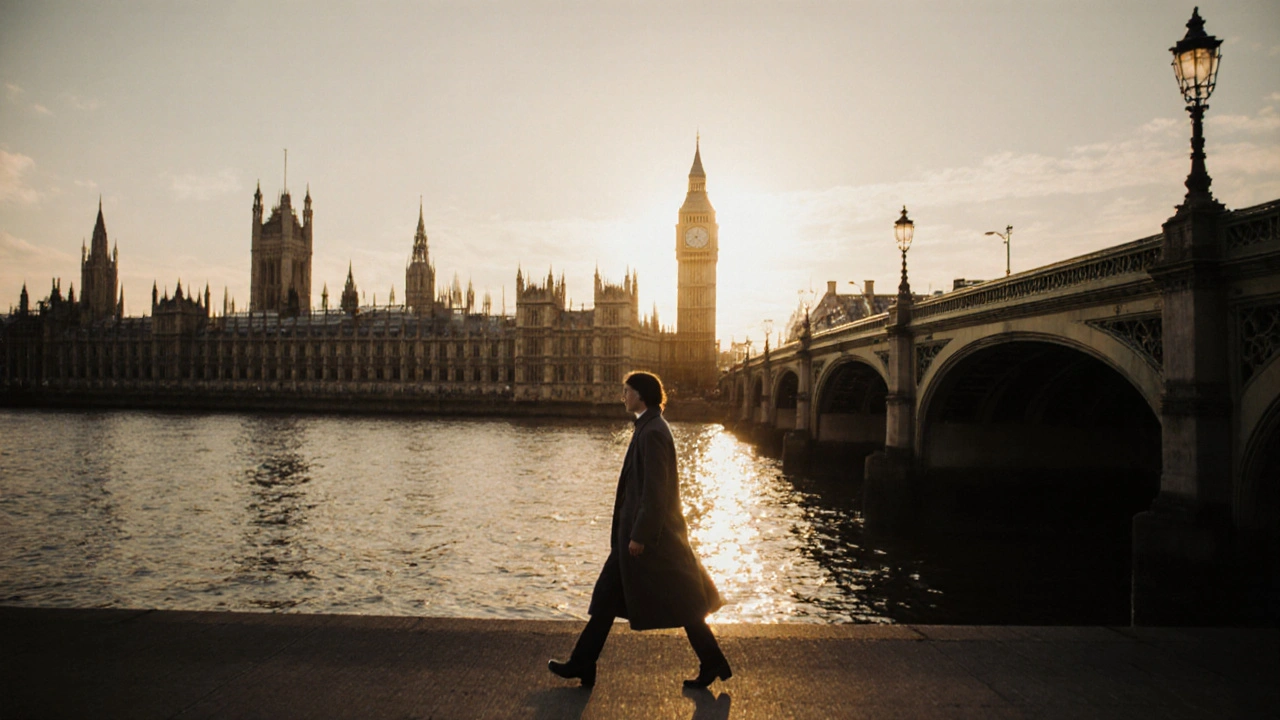 A person walking along the Thames River at sunset, city lights glowing in the distance.