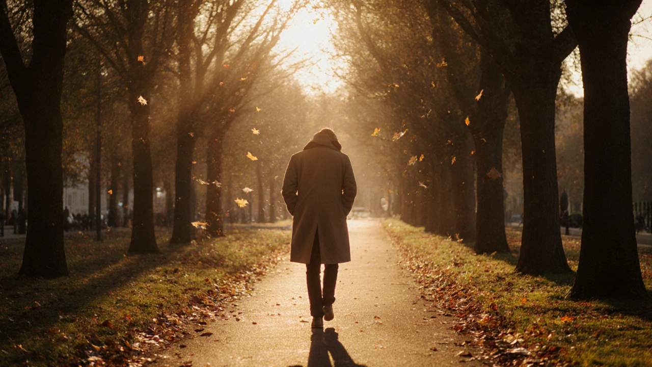 A person walking calmly in Regent’s Park at golden hour, surrounded by autumn leaves.