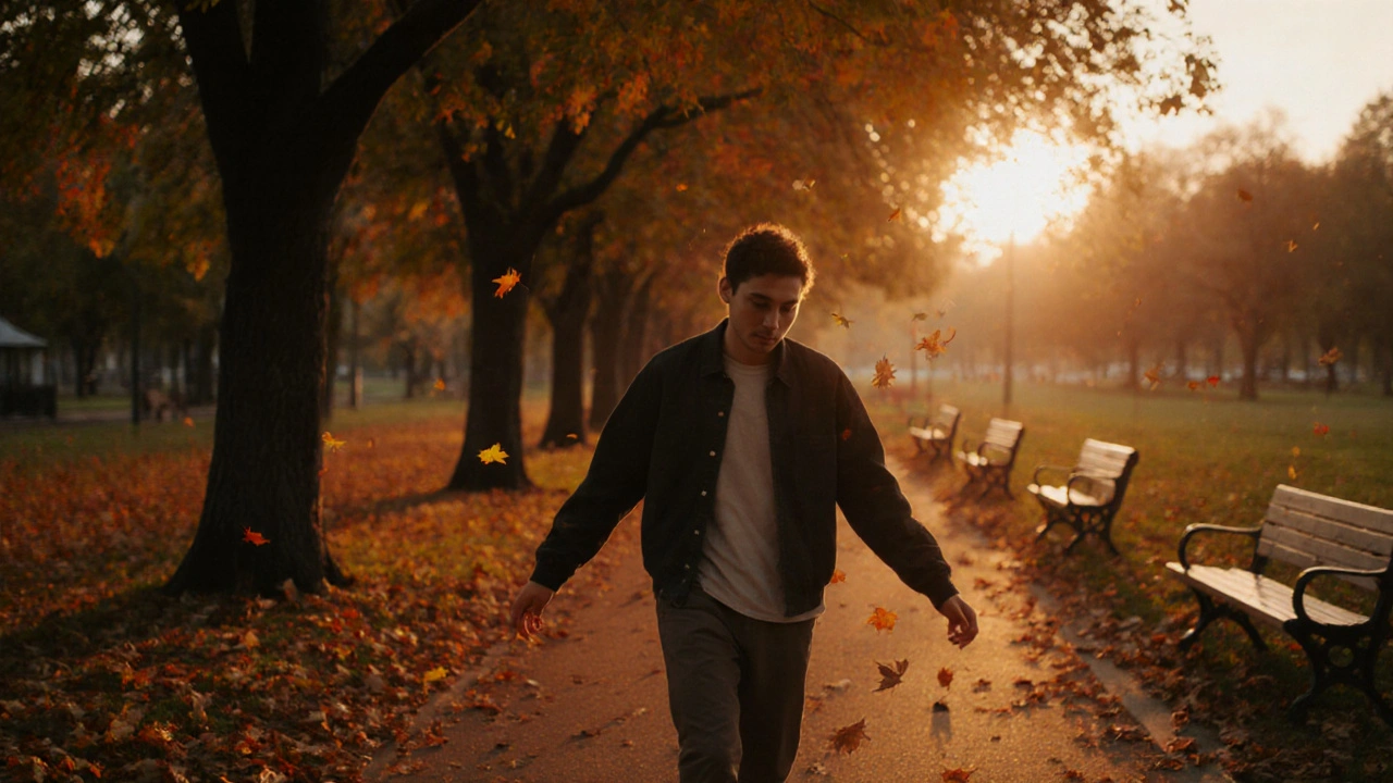 A person walking peacefully in a park at dusk, surrounded by falling leaves.