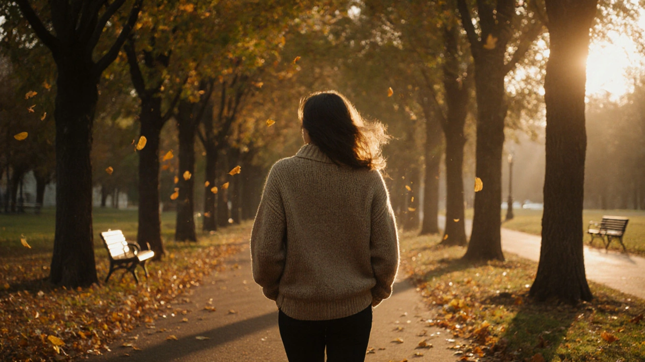 A person walking peacefully in a park at sunset, surrounded by falling leaves, alone but at ease.
