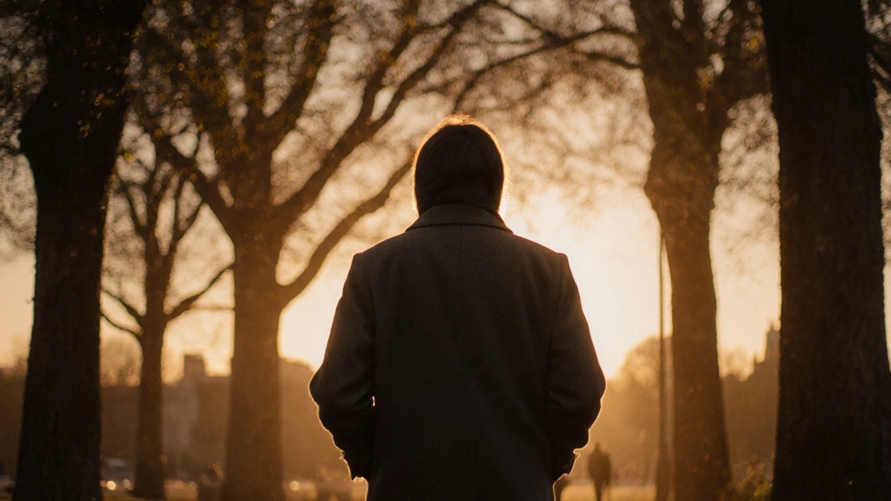 A person walking peacefully in Hyde Park at dusk, embodying solitude and emotional reflection.