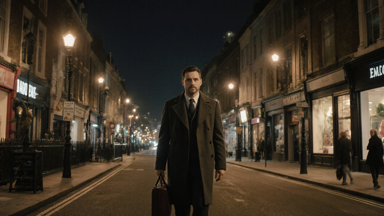 A person walks calmly down a well-lit London street at night, confident and alone.