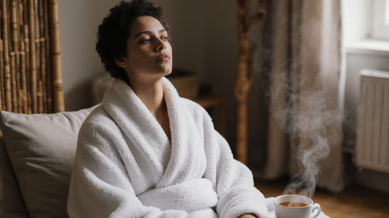 A person wrapped in warm towels, eyes closed, relaxing peacefully after a session.