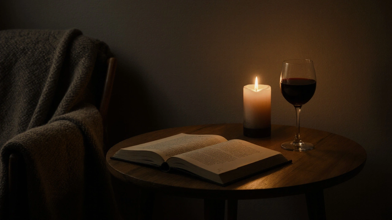 A quiet London apartment interior with candlelight, wine glass, and open book—no people, evoking peaceful companionship.