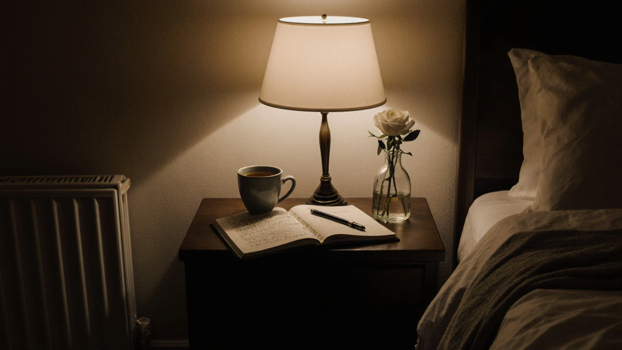 A serene bedside table with tea, a flower, and an open journal in soft lamplight.