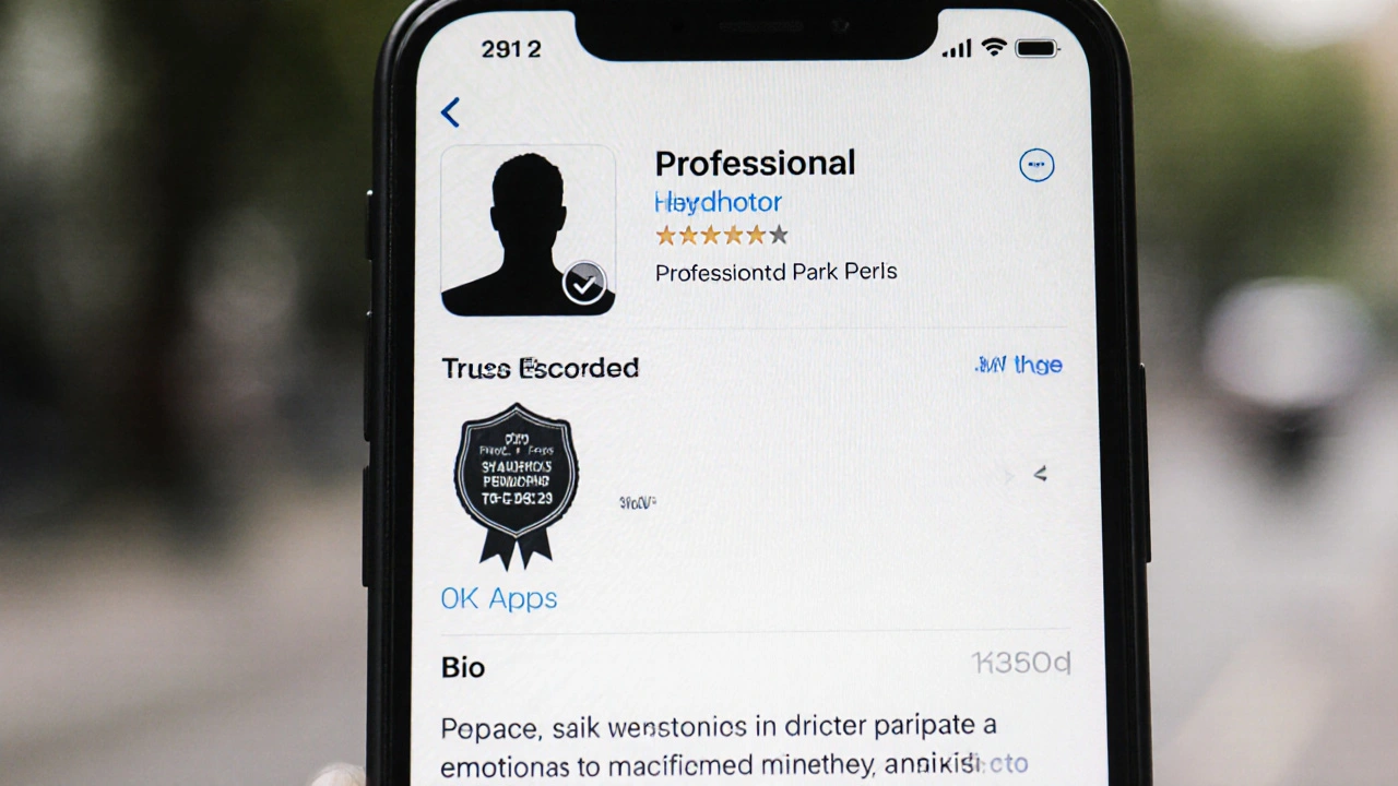 A smartphone screen showing a professional escort profile with verified badge and bio.