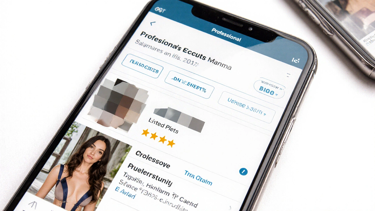 A smartphone showing a discreet escort profile with blurred details and verified reviews.