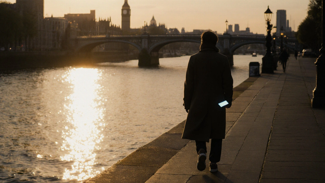 A solitary person walking along the Thames at sunset, lost in thought, surrounded by calm evening light.