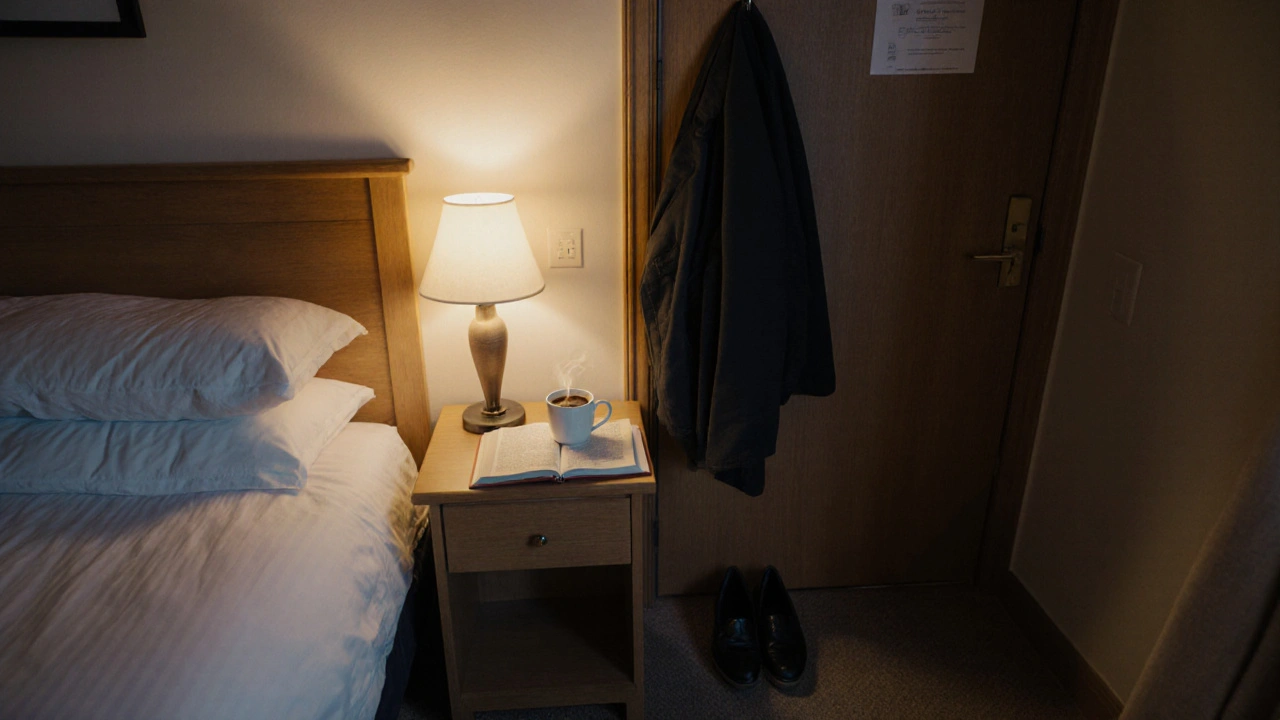 A tidy hotel room in Enfield with a coffee cup and open book on the nightstand at twilight.
