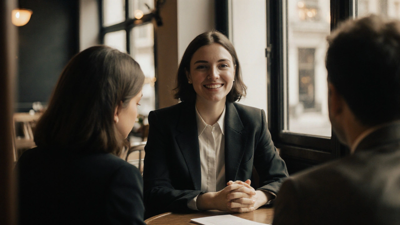 A woman smiling warmly at a client in a London café, sharing a quiet moment of connection.