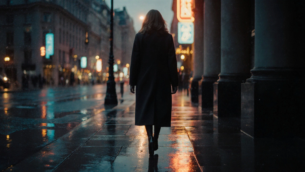 A woman walking away from a luxury hotel at dusk, face unseen, embodying discretion in London&#039;s urban landscape.