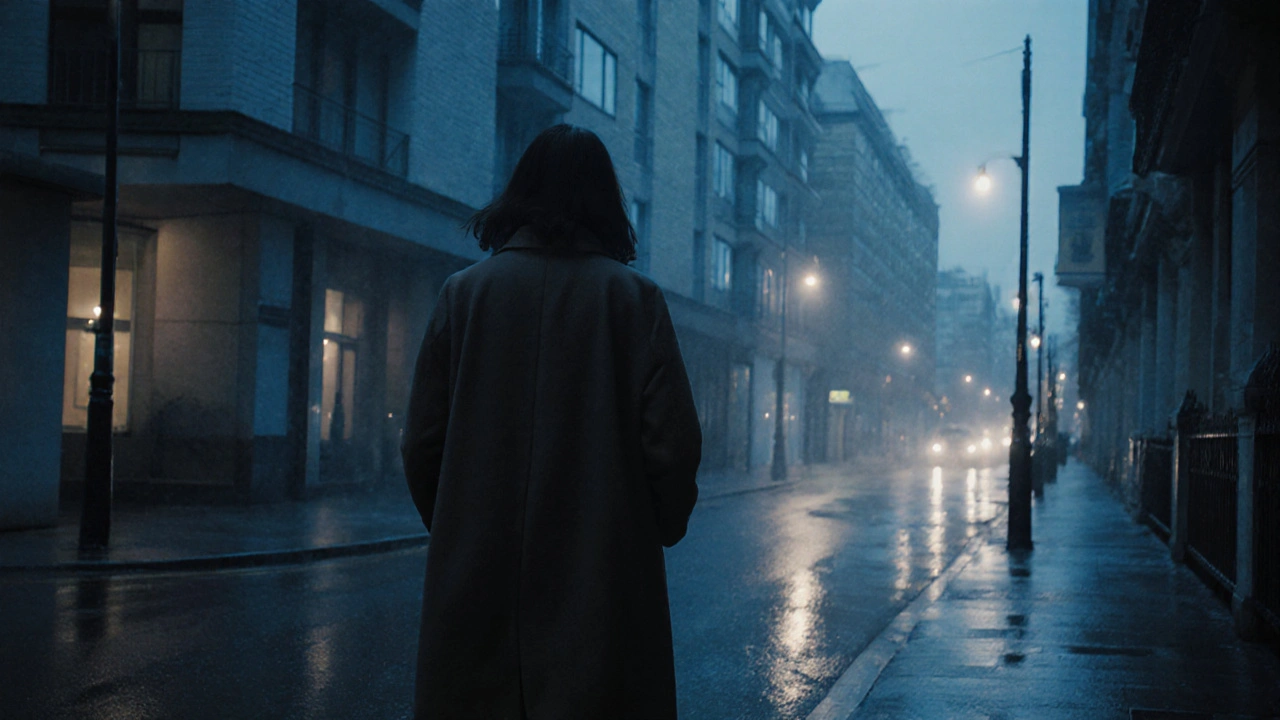 A woman walking away from an apartment building at twilight.