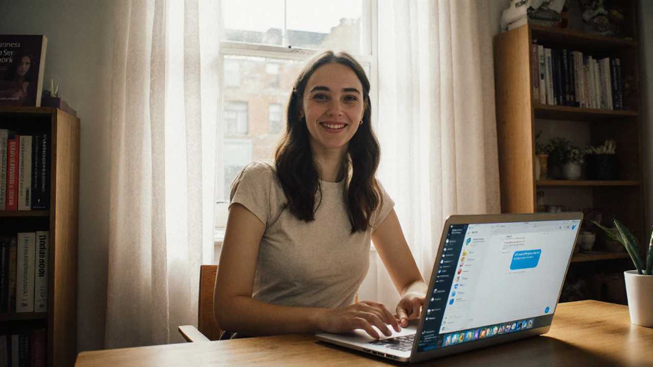 A woman working independently on a laptop in her London flat, smiling softly.