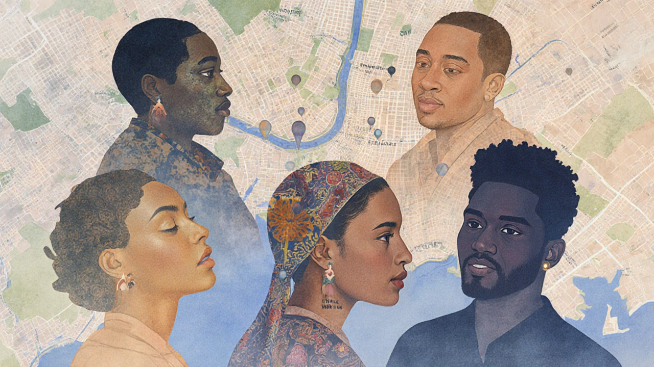 Abstract map of East London with cultural silhouettes glowing softly over key neighborhoods.