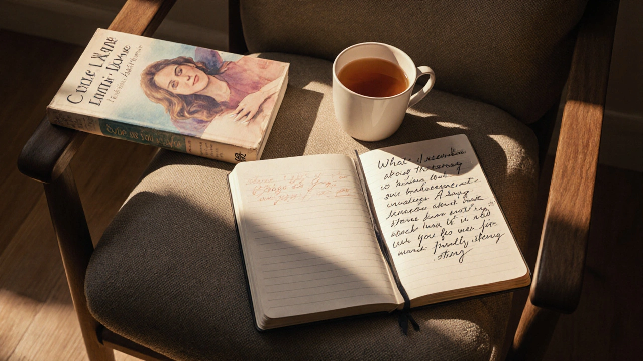 An open journal with handwritten notes and a book on body awareness in a cozy armchair.