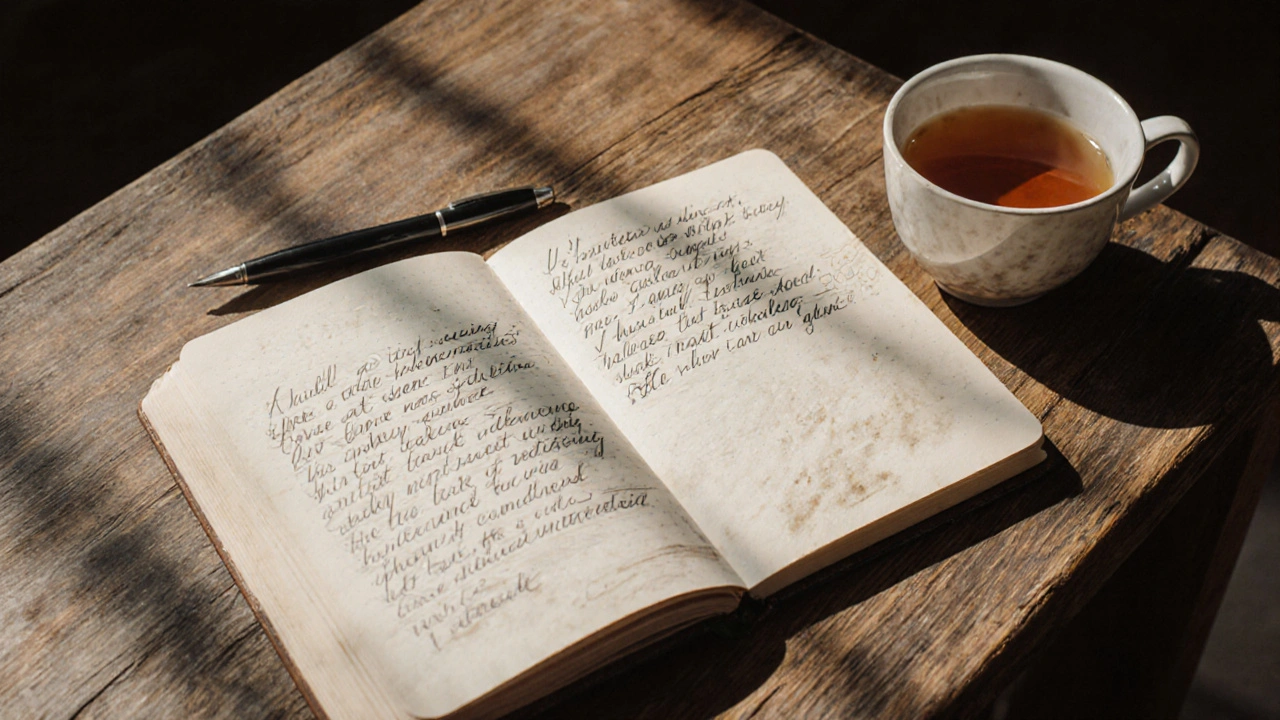 An open journal with handwritten notes and a cup of tea beside it, capturing a moment of personal reflection.