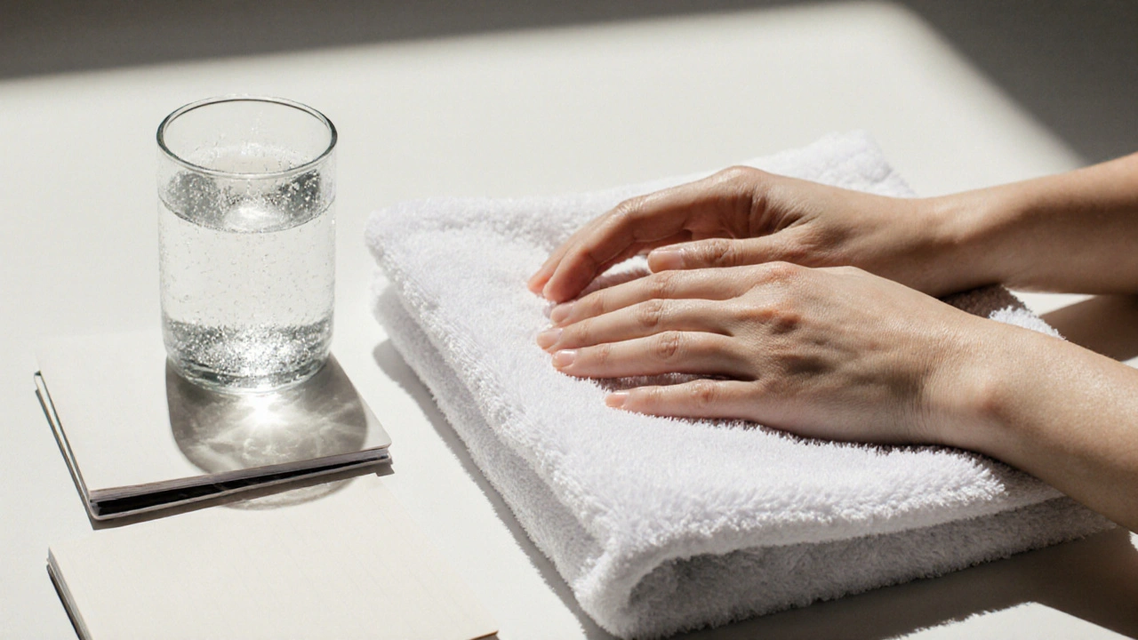 Clean hands resting on a towel with a glass of water, symbolizing aftercare.