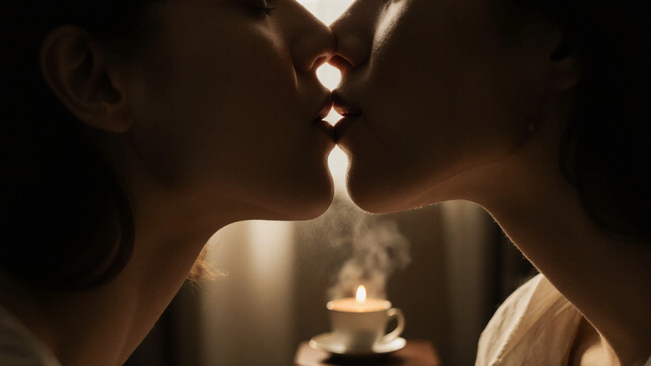 Close-up of lips meeting slowly in warm candlelight, blurred background with a teacup.