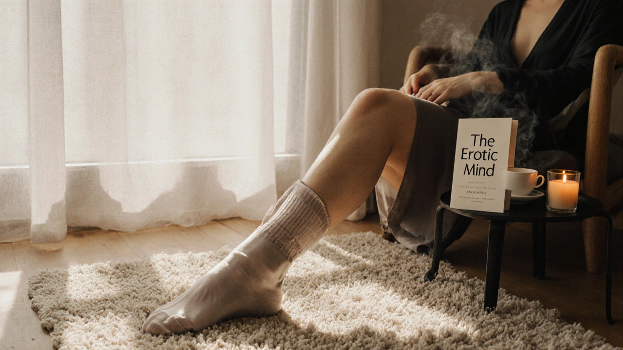 Feet in silk socks resting on a rug with a candle and book nearby.