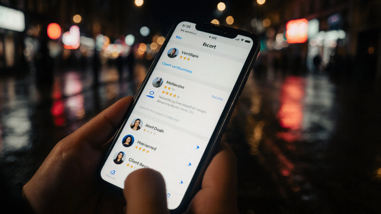 Hand holding phone showing a verified escort platform with client reviews and badges.