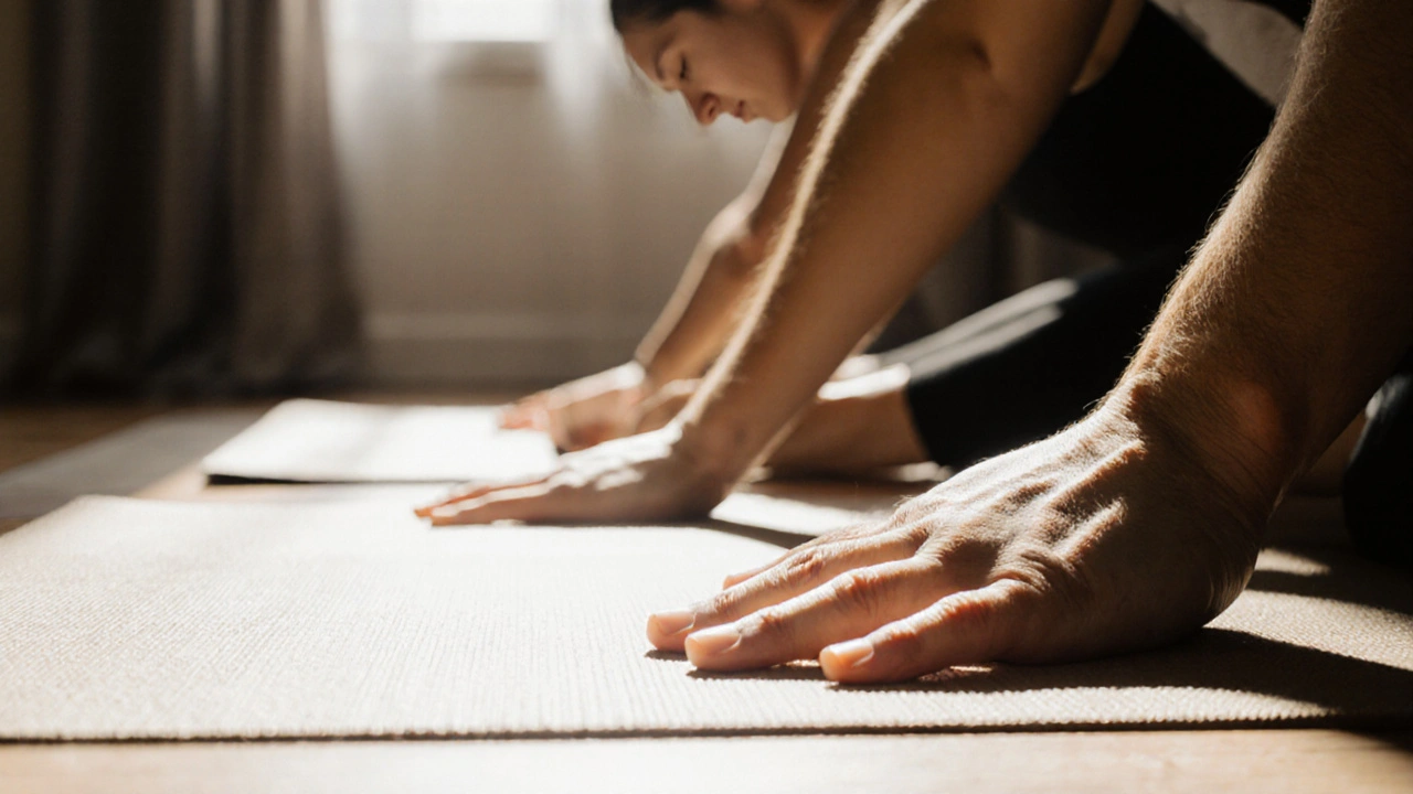 Hands doing yoga stretches together on a mat in natural light.