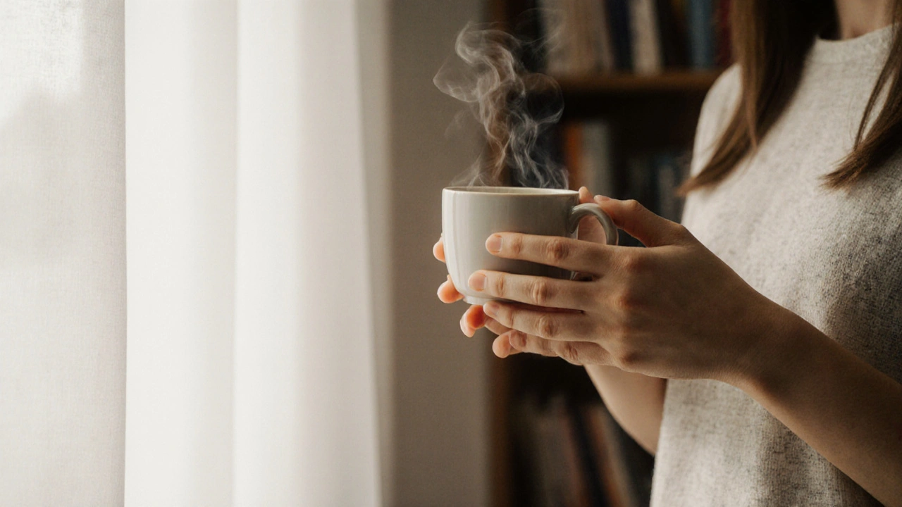 Hands holding a warm cup of tea in natural light, no faces visible.