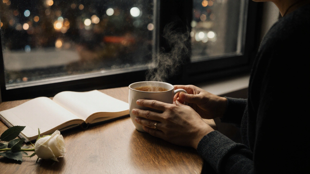 Hands holding a warm mug with a rose and notebook beside a blurred city night view.