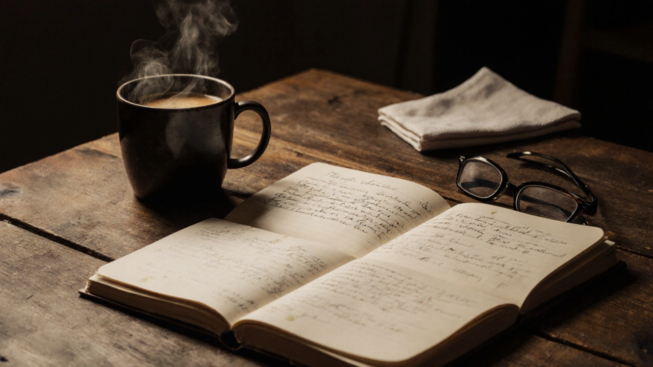 Handwritten journal and coffee cup on a wooden table, morning light filtering in, quiet moment of reflection.