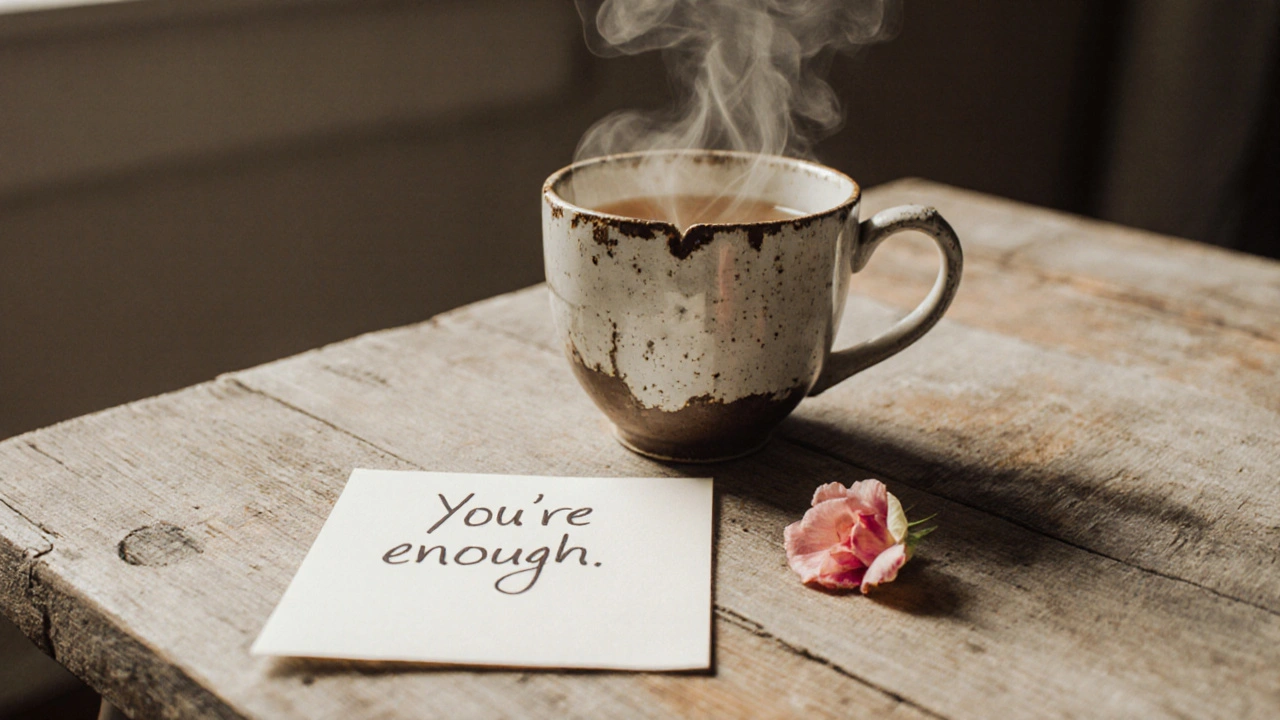 Handwritten note &#039;You&#039;re enough&#039; beside a teacup on a wooden table.