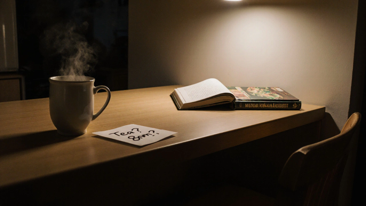 Handwritten note and steaming tea on a kitchen counter with cultural books nearby.