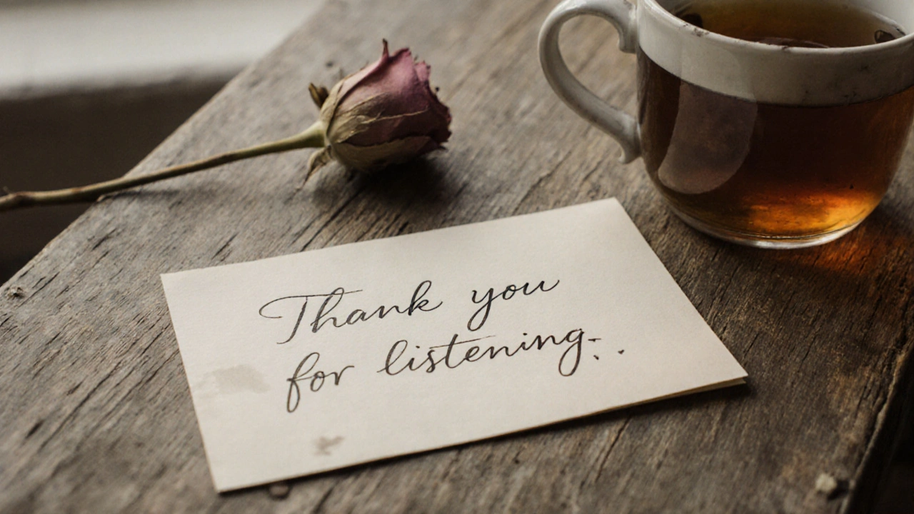 Handwritten note saying &#039;Thank you for listening&#039; beside a dried rose and tea cup.