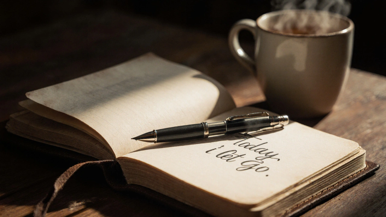 Open journal with handwritten note &#039;Today, I let go.&#039; beside a cup of tea on wooden table.
