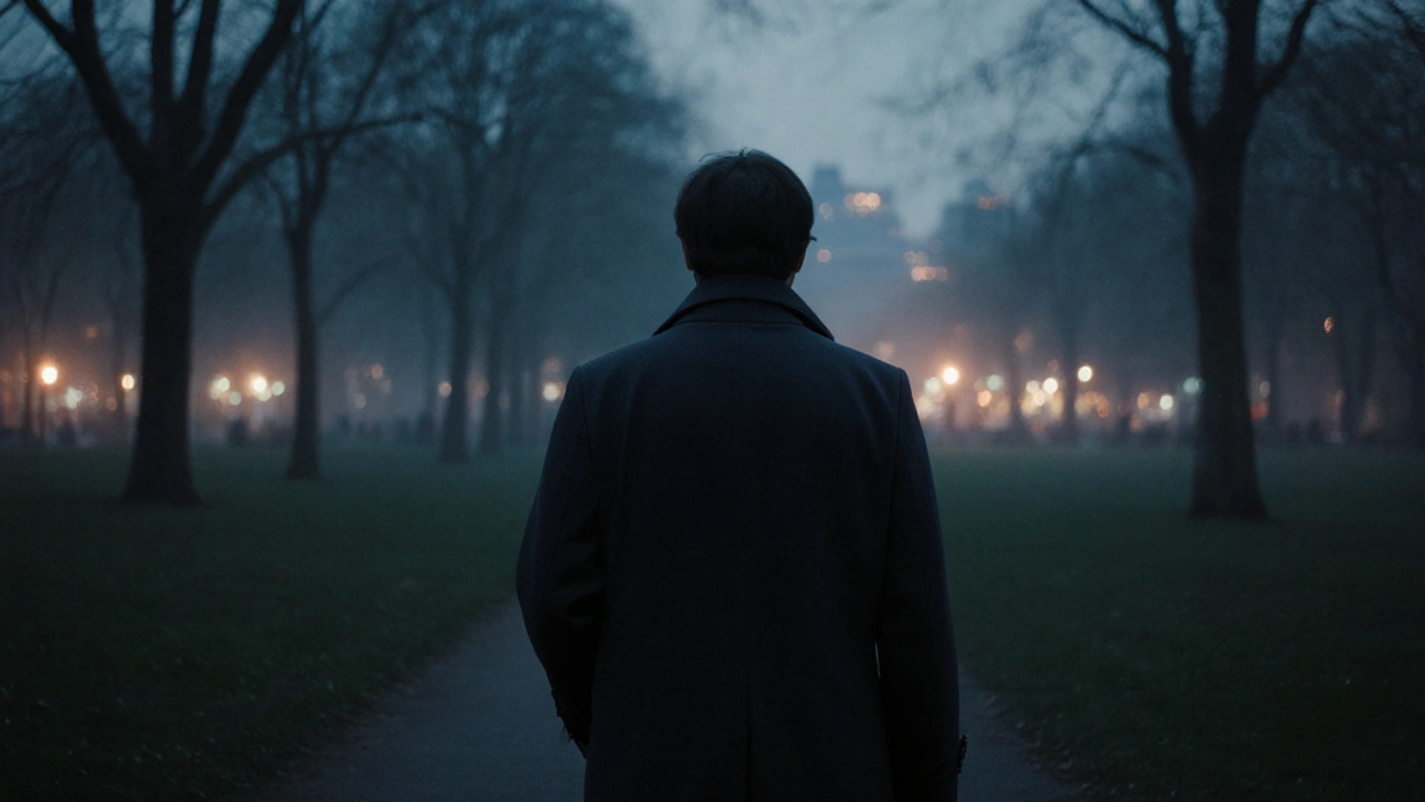 Person walking alone through Hyde Park at dusk, calm and softly lit by evening light.