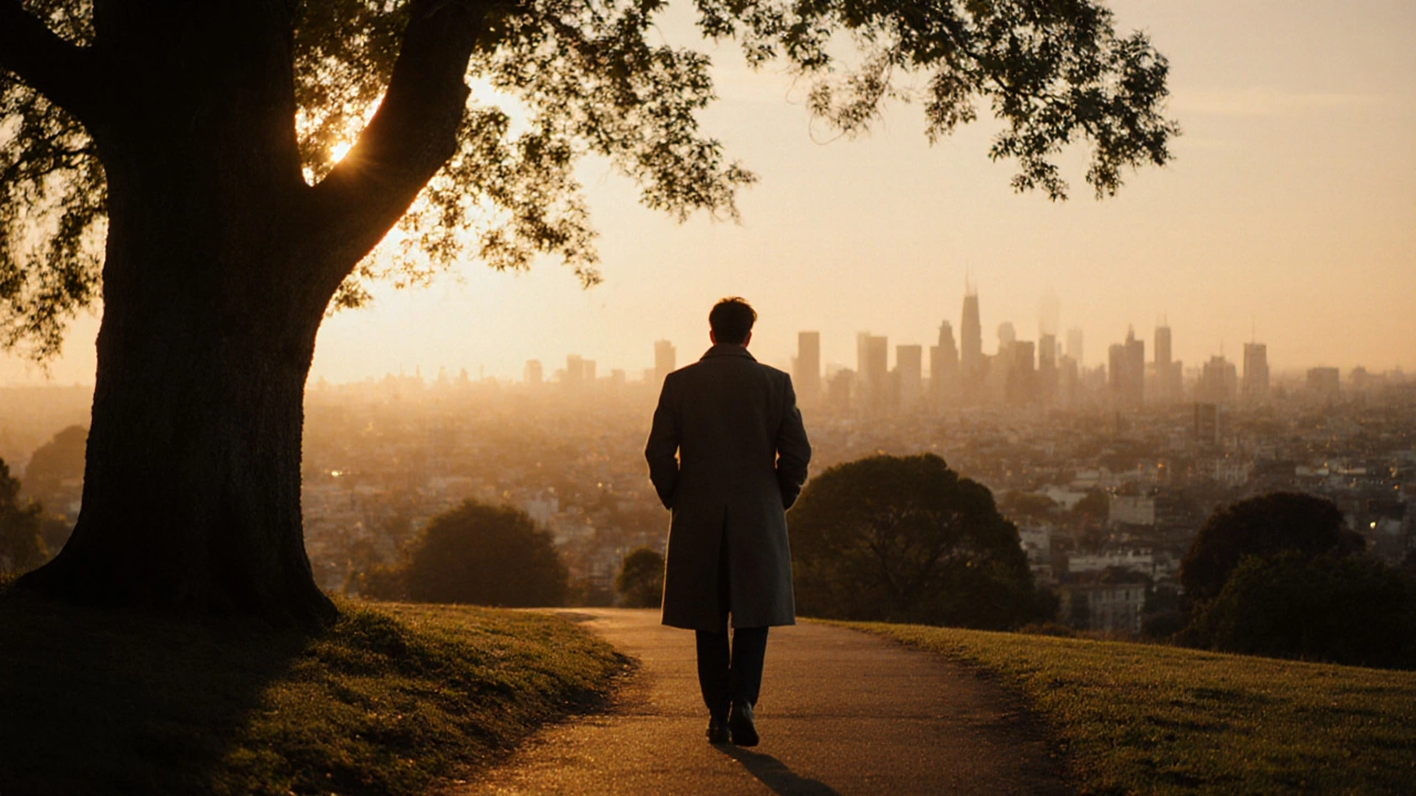 Person walking peacefully through Primrose Hill at sunset, symbolizing calm, non-romantic connection.