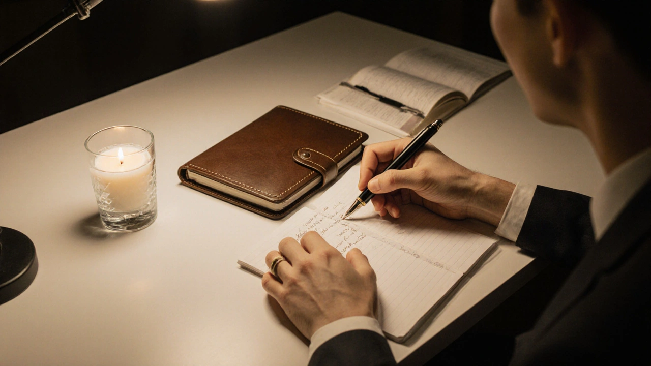 Professional hands taking notes during a consultation, no faces shown.