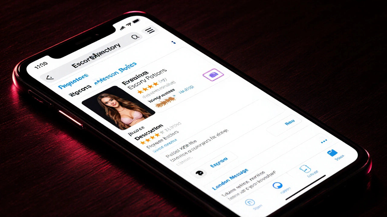 Smartphone screen showing a professional escort profile with reviews and messaging options.
