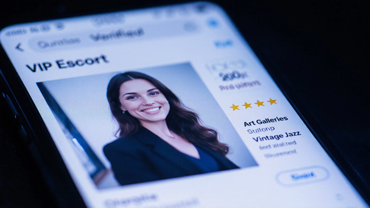Smartphone screen showing a verified VIP escort profile with blurred details and interest filters in a private app.