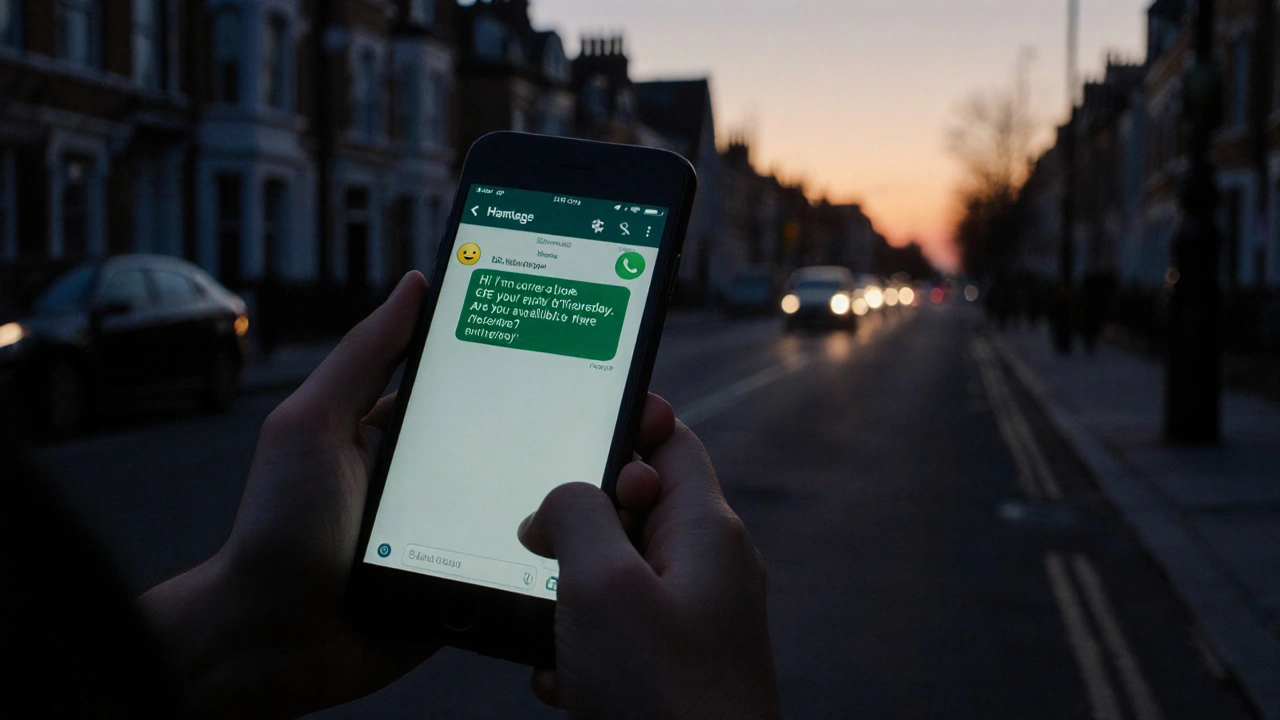 Two hands exchanging a respectful WhatsApp message in a quiet London street at twilight.