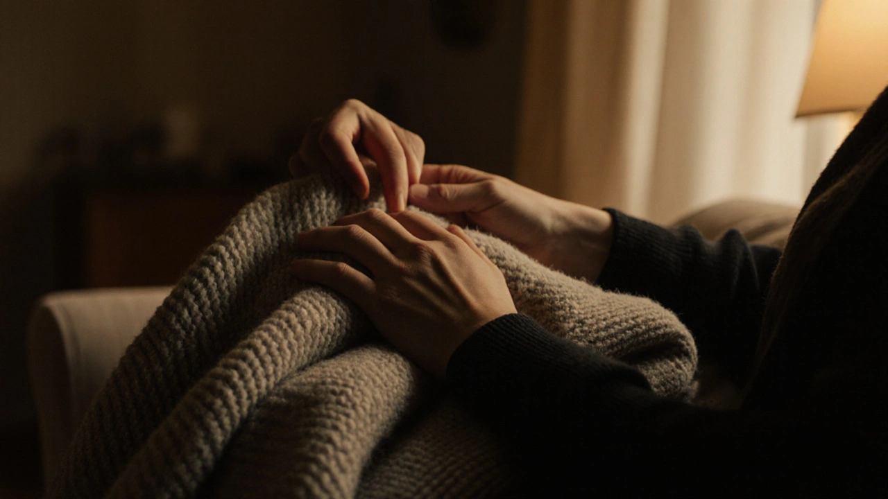 Two hands gently exchanging a blanket, conveying warmth and quiet care.
