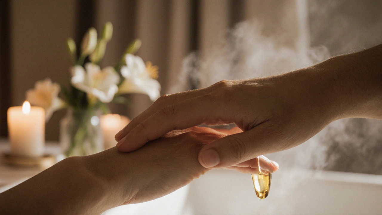 Two hands gently touching with oil glistening under candlelight.