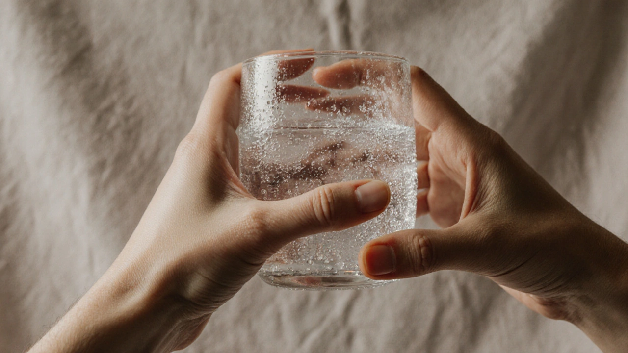 Two hands holding a glass of water, symbolizing care and aftercare after an intimate experience.