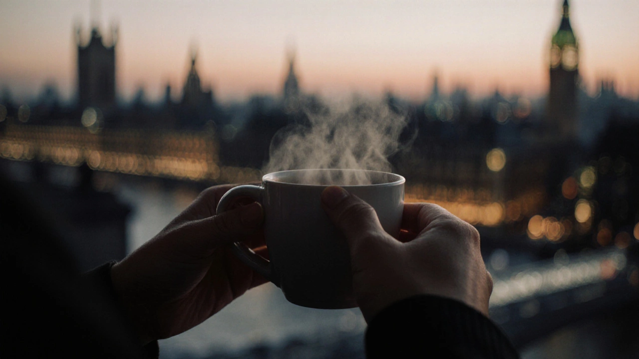 Two hands holding a steaming cup of tea, symbolizing quiet companionship and calm.