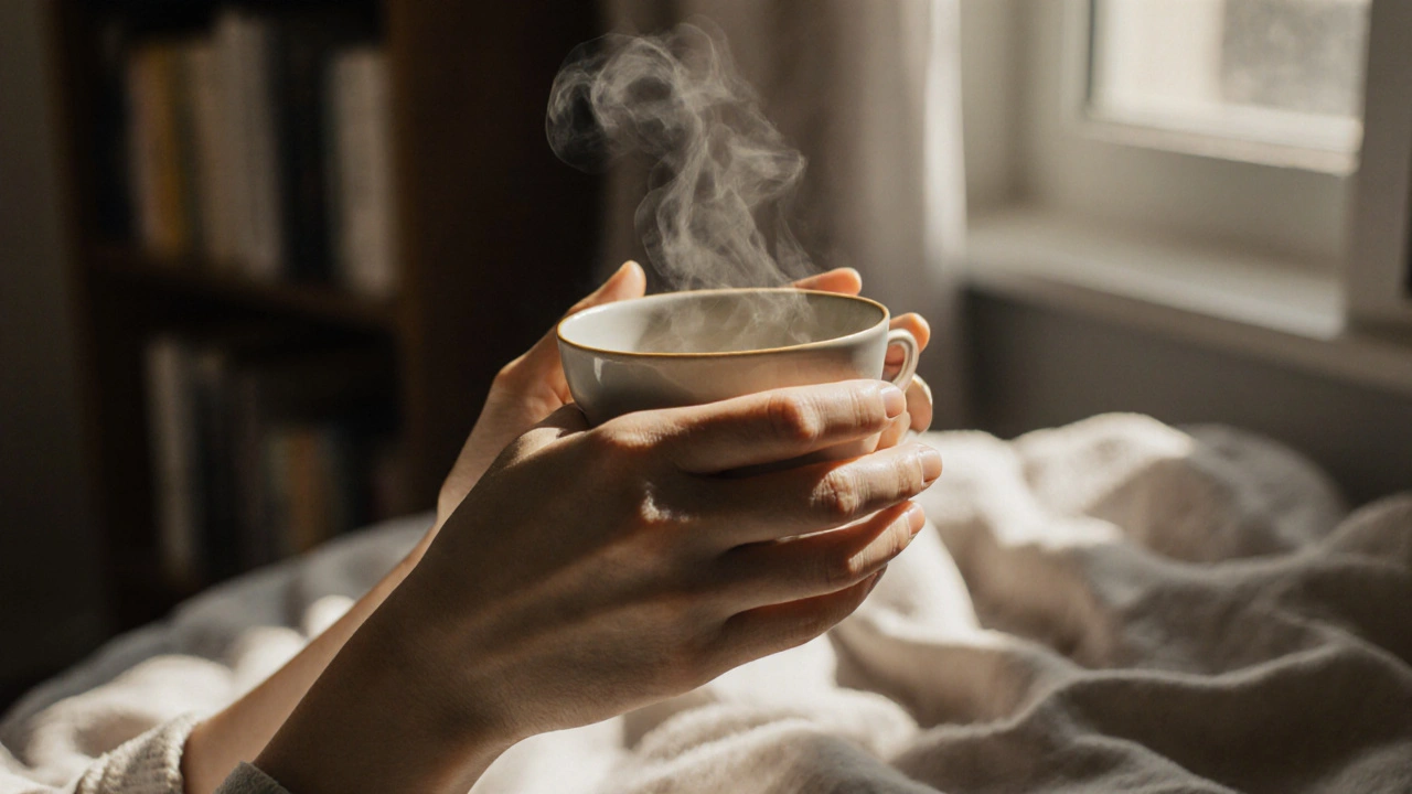 Two hands holding a teacup with steam rising in soft natural light.