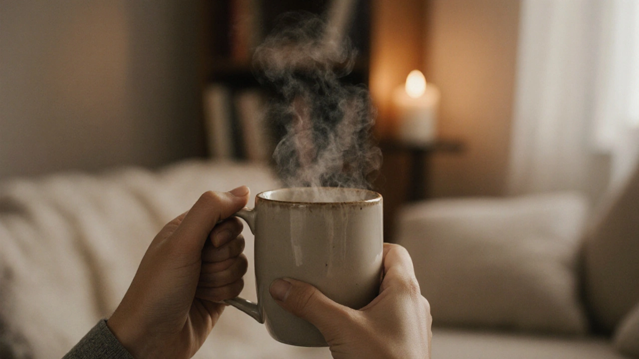 Two hands holding a warm mug in a softly lit, cozy room.