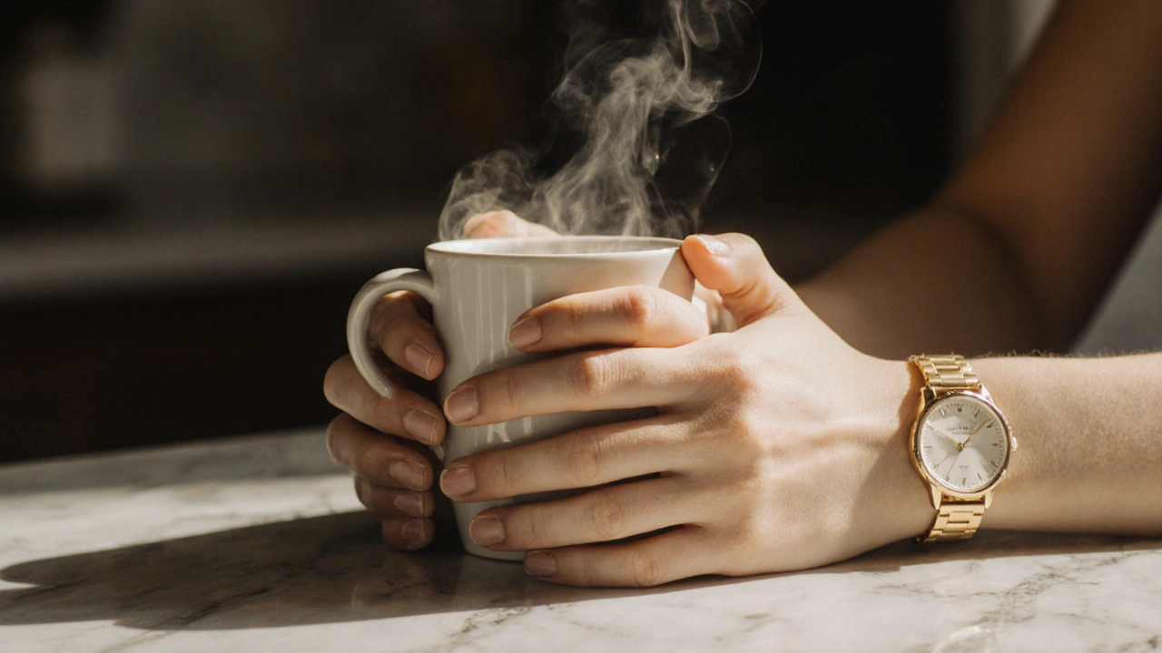 Two hands holding a warm mug on marble, no faces shown, conveying quiet connection.