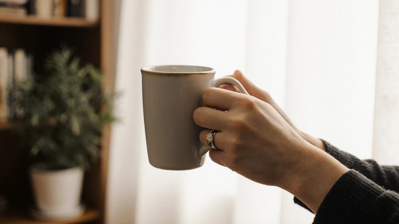 Two hands holding a warm mug, one with a wedding ring, in natural daylight.