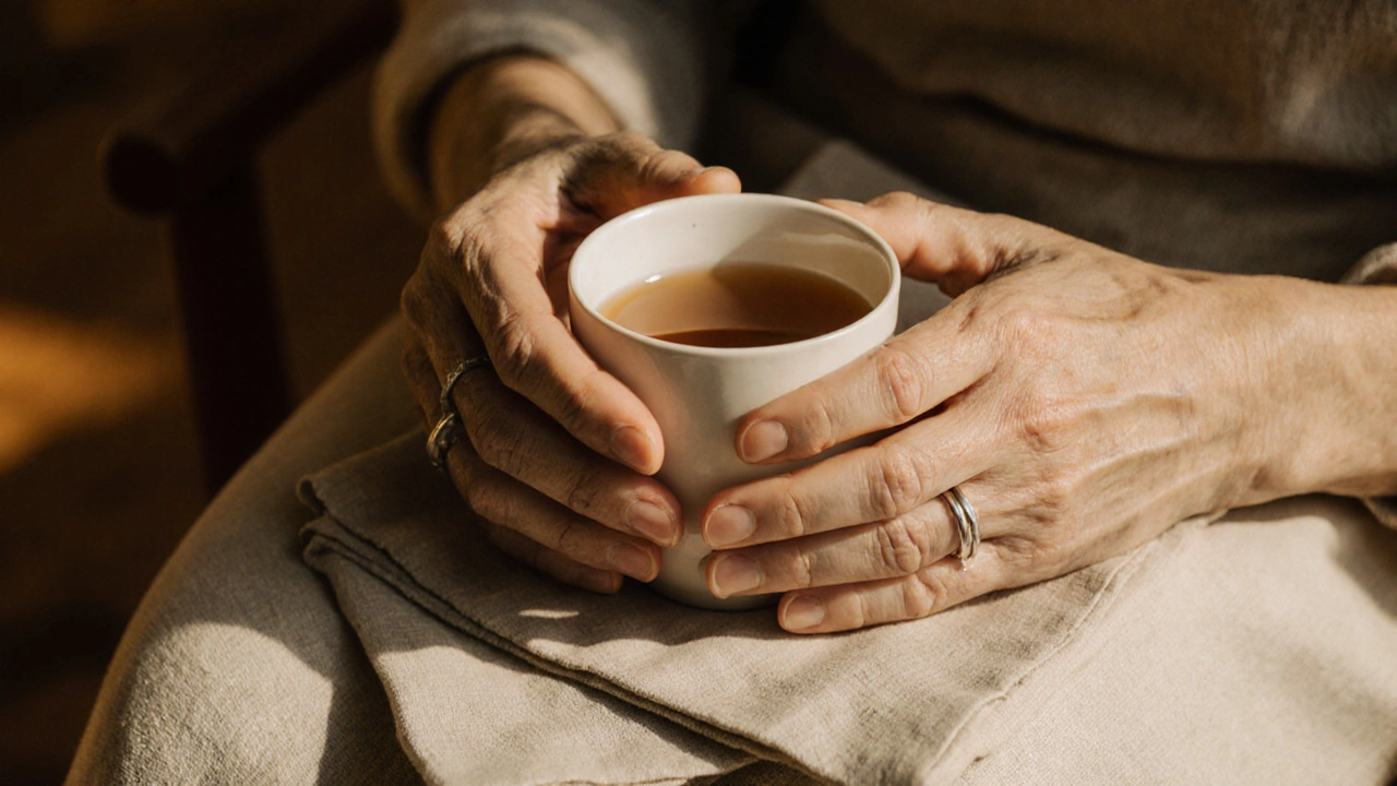 Two hands holding a warm teacup on a linen napkin, no faces shown.