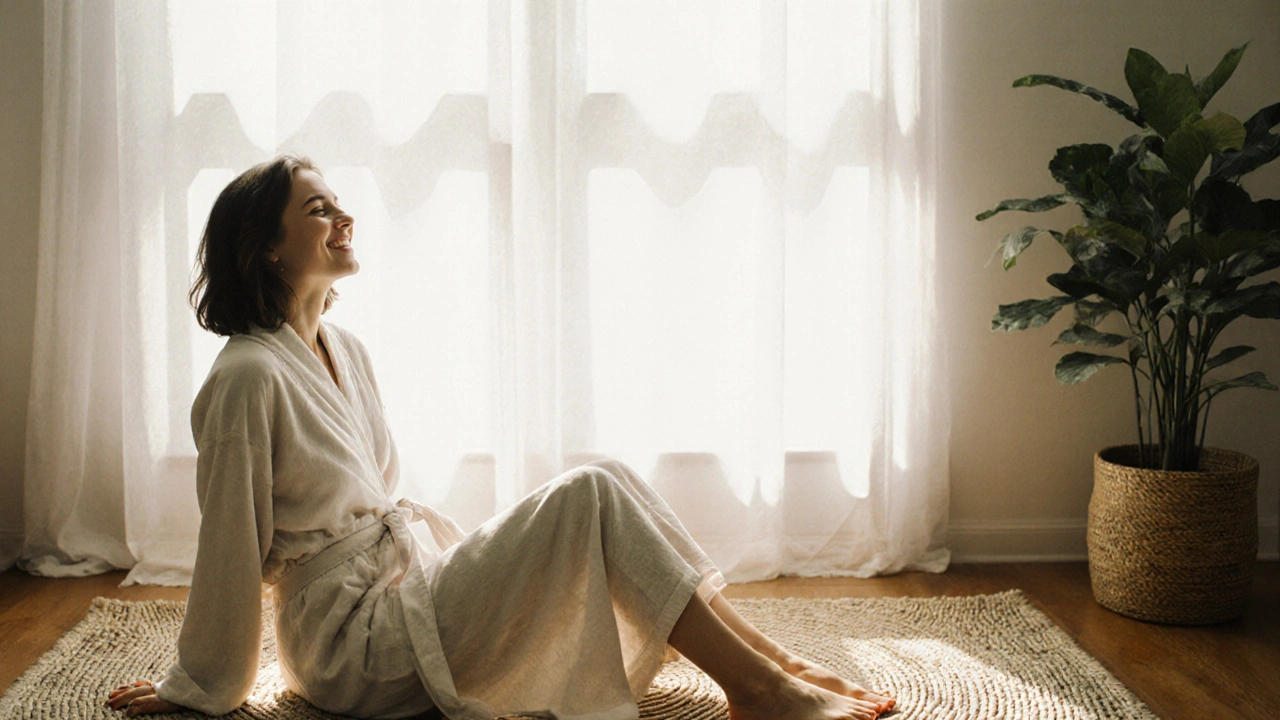 Woman in robe smiling peacefully by a sunlit window, radiating quiet emotional release.